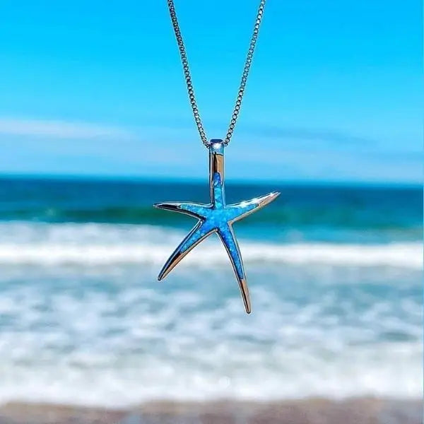 Silver Necklace with Starry Seahorse Pendant and Blue Opal