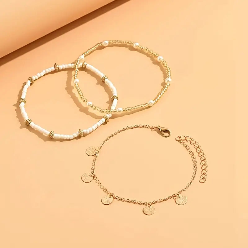 Golden 3-piece Anklet Set