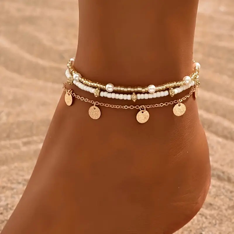 Golden 3-piece Anklet Set