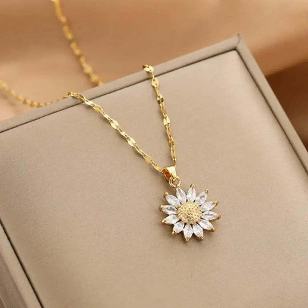 Necklace with Sunflower Pendant in Gold and Crystal