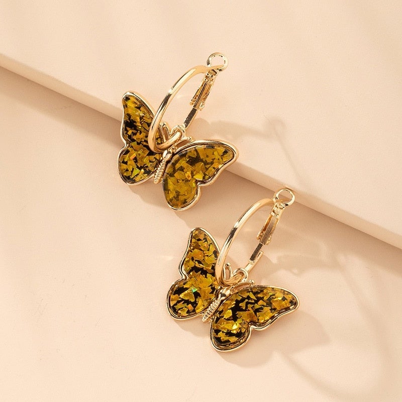 Gold Hoop Earrings with Multicolor Butterflies