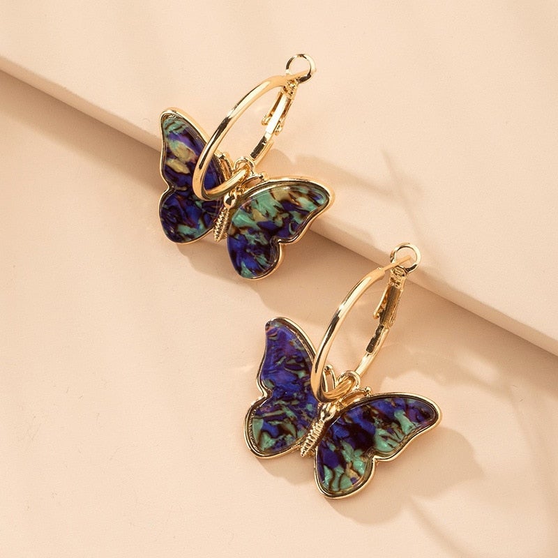 Gold Hoop Earrings with Multicolor Butterflies