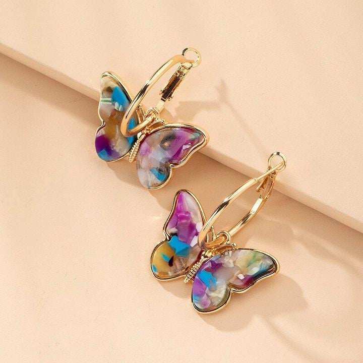 Gold Hoop Earrings with Multicolor Butterflies