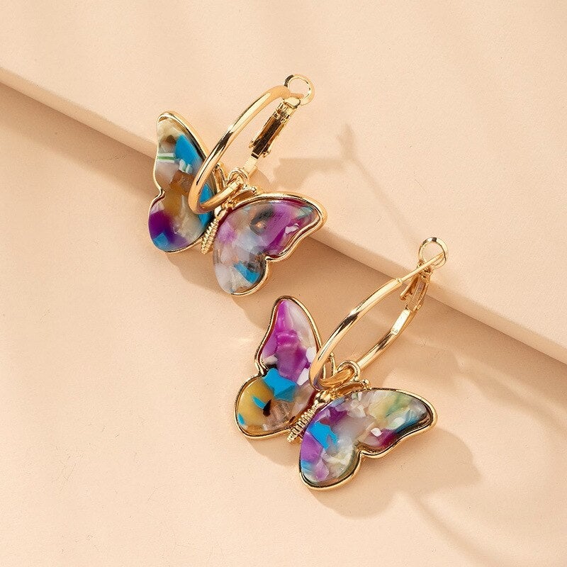 Gold Hoop Earrings with Multicolor Butterflies