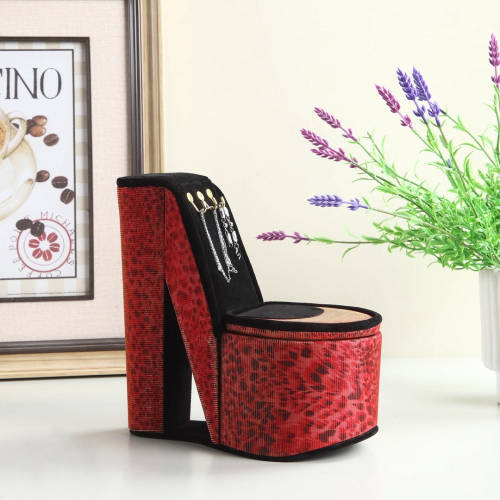 Jewelry Box, High Heel Shoe Design, Red Leopard Print