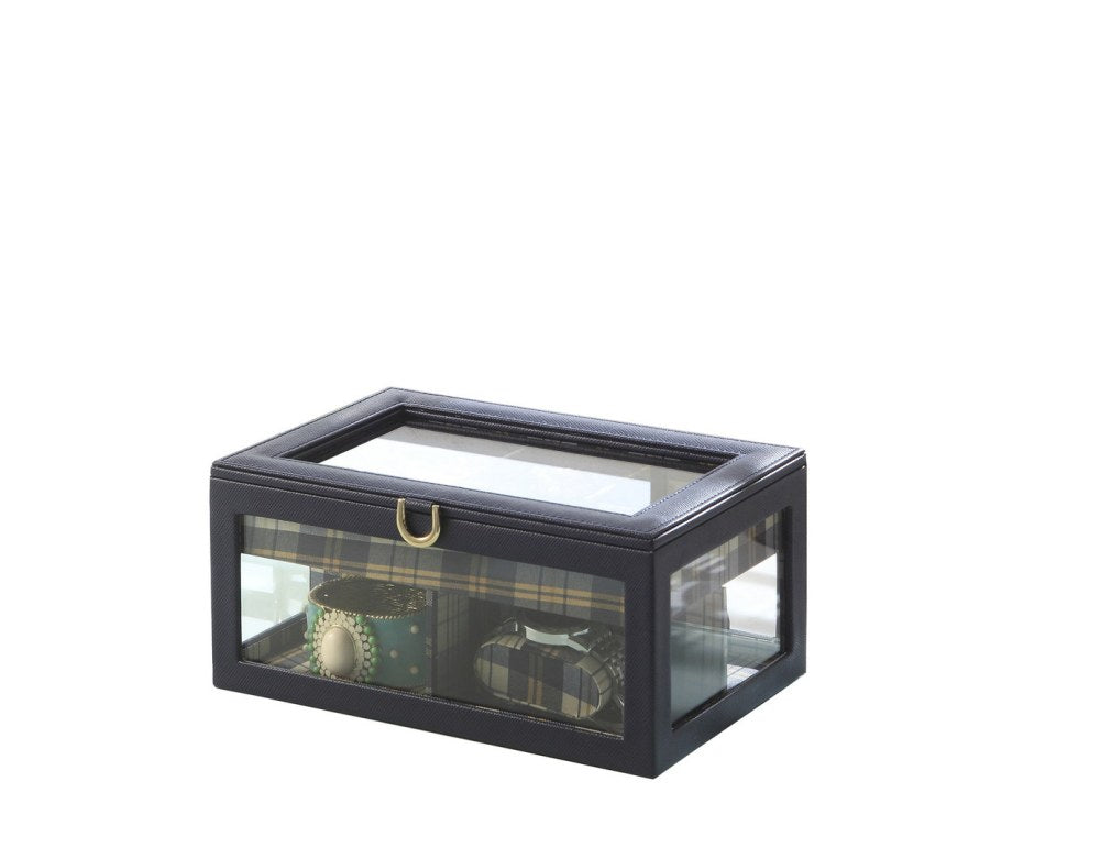 Long Tempered Glass and Leather Jewelry Case / Watch Display, Blue