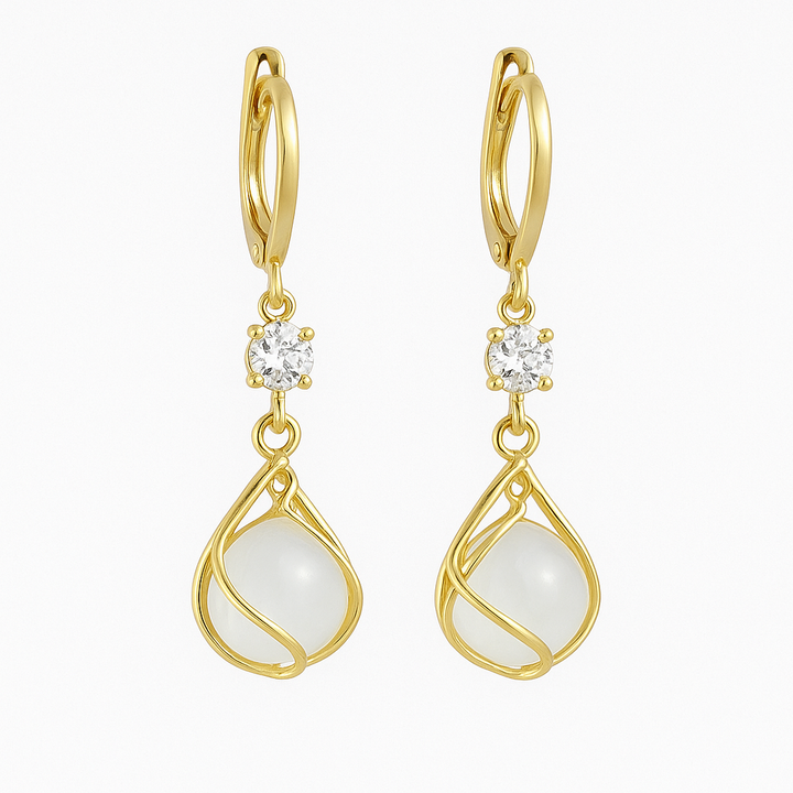 Gold Drop Earrings with White Opal