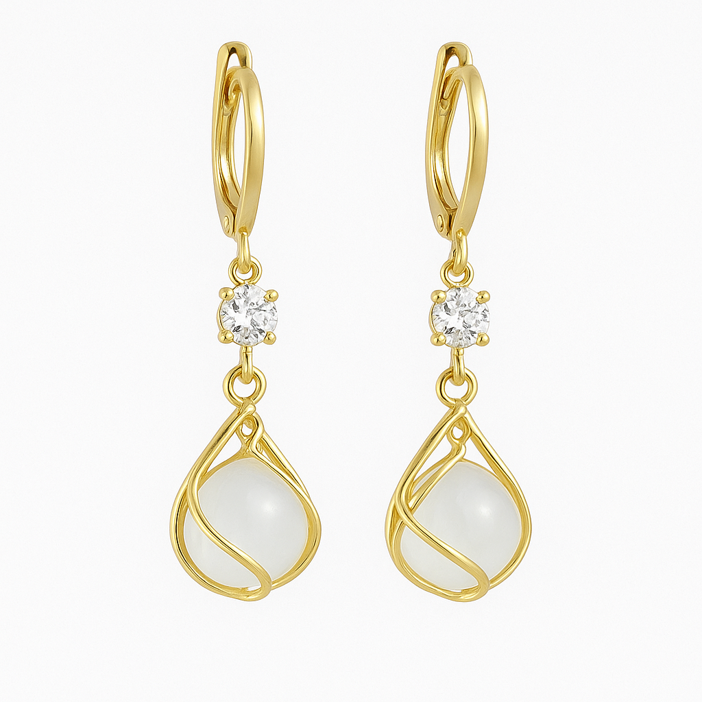 Gold Hanging Earrings with White Opal