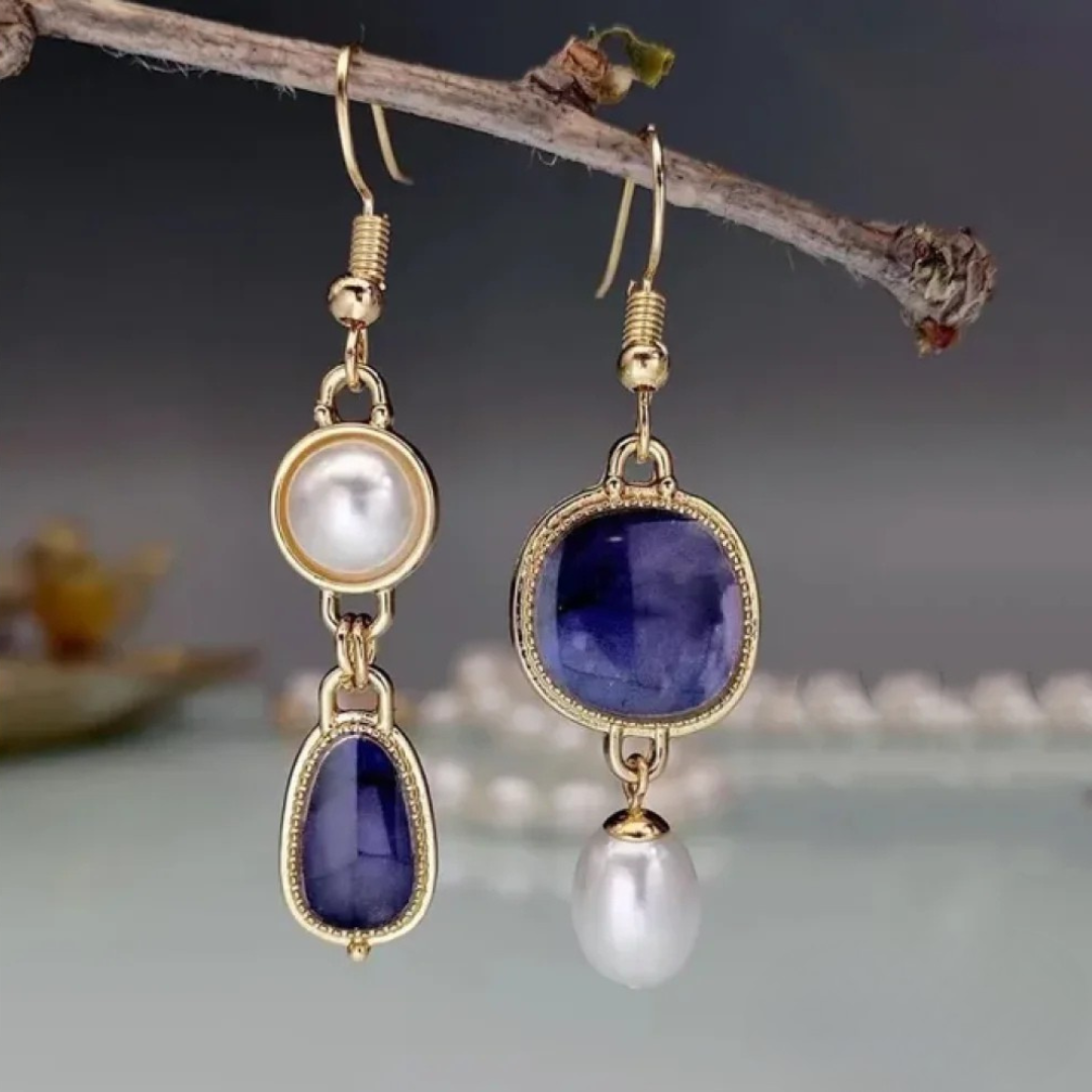 Elegant Earrings with Blue Stone and Pearl