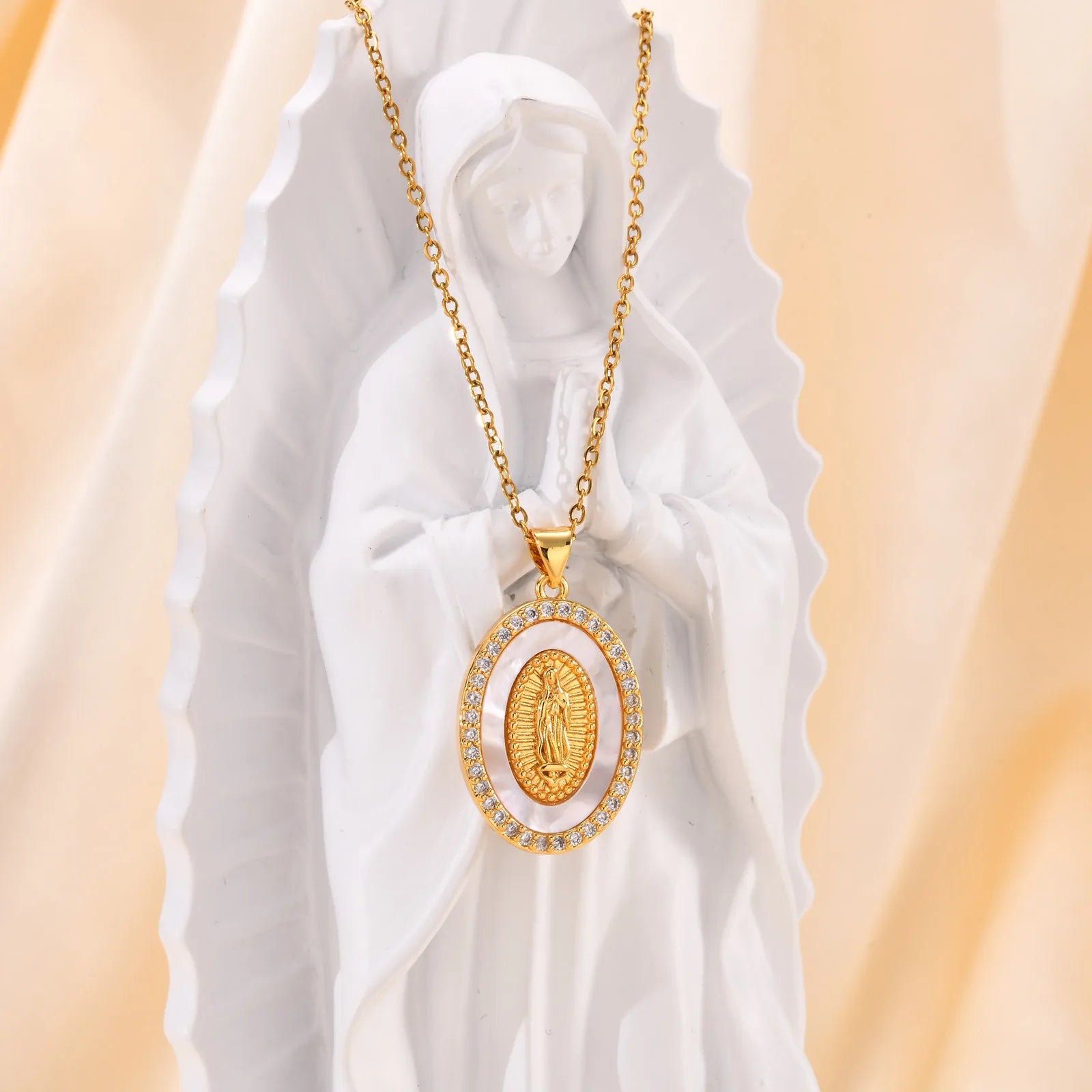 Necklace with Oval Virgin Mary Pendant in Gold