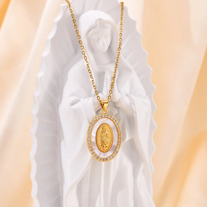 Necklace with Oval Virgin Mary Pendant in Gold