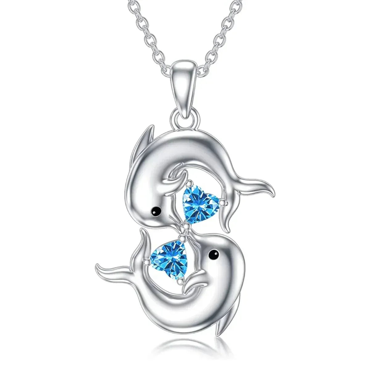 Zilveren Collier met Dubbele Dolfijnen en Blauwe Kristal