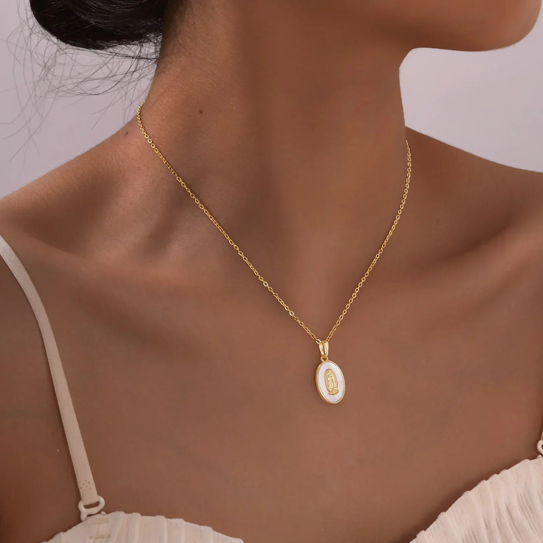 Necklace with Oval Virgin Mary Pendant in Gold