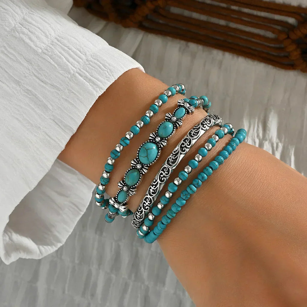 Bundel: Turquoise Golven Ring van Zilver + Armbandenset met turquoise kralen