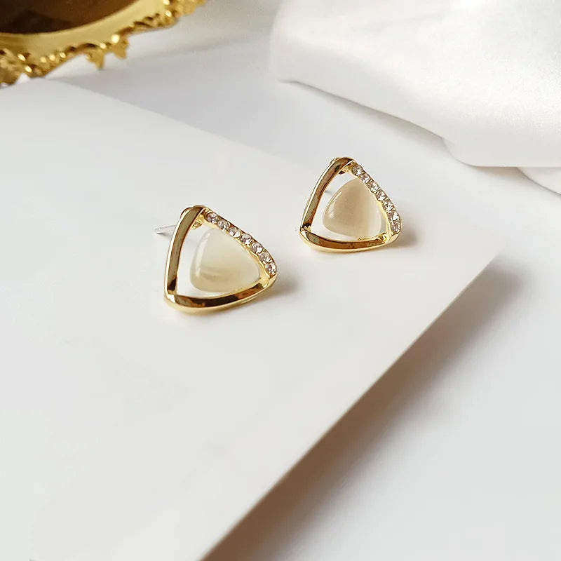 Sophisticated Triangular Earrings with Opal and Crystals