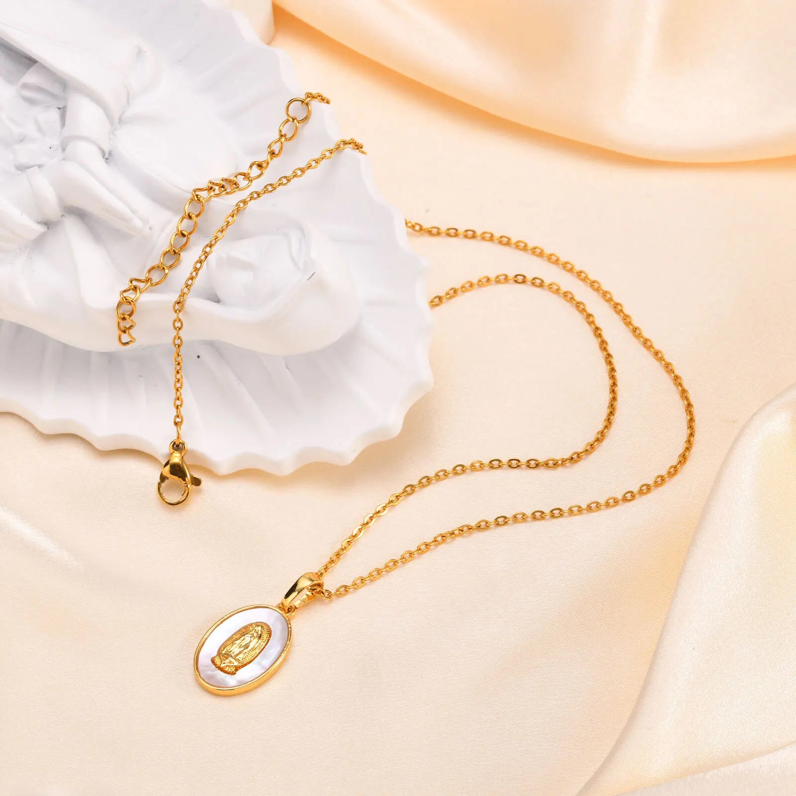 Necklace with Oval Virgin Mary Pendant in Gold