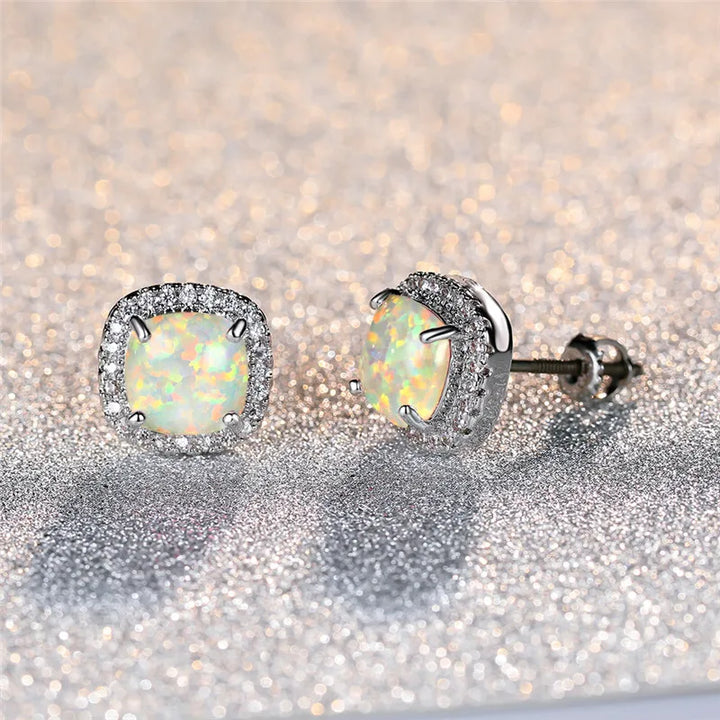 Elegant Silver Earrings with Round White Fire Opal