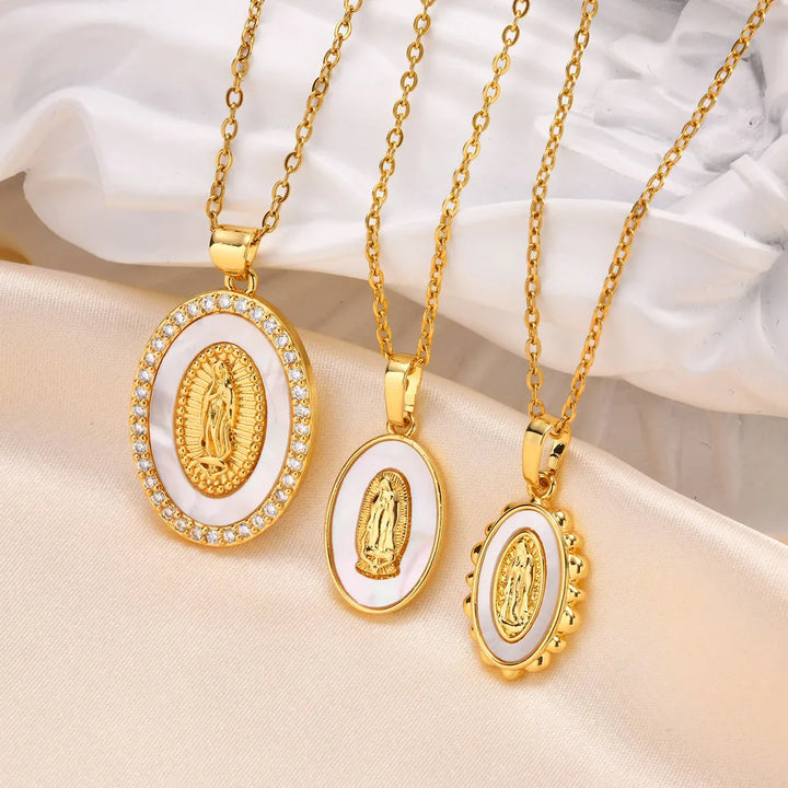 Necklace with Oval Virgin Mary Pendant in Gold