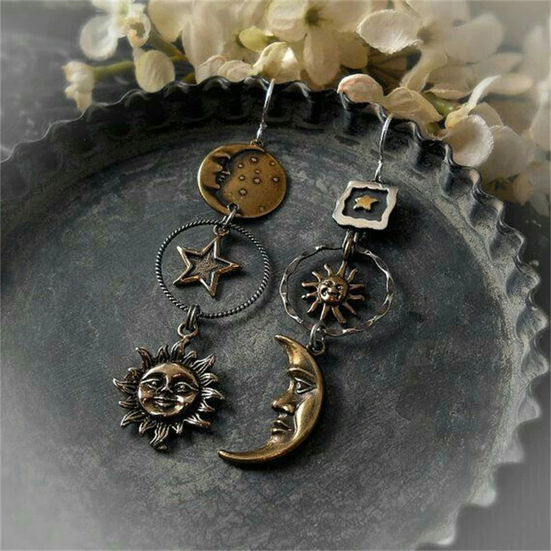 Dangling Earrings with Sun and Moon Pendant