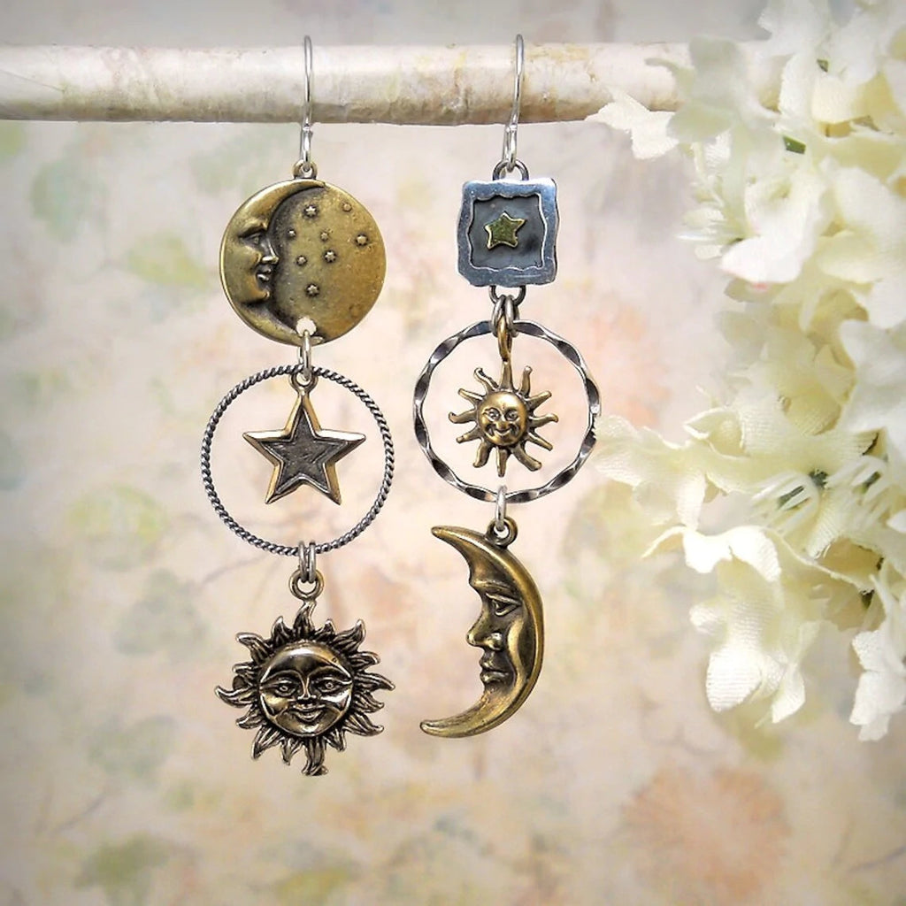 Dangling Earrings with Sun and Moon Pendant