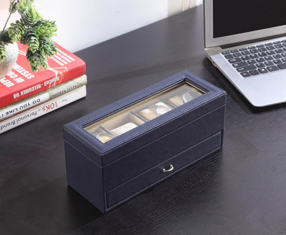 Tempered Glass and Leather Jewelry / Watch Display with Drawers, Blue