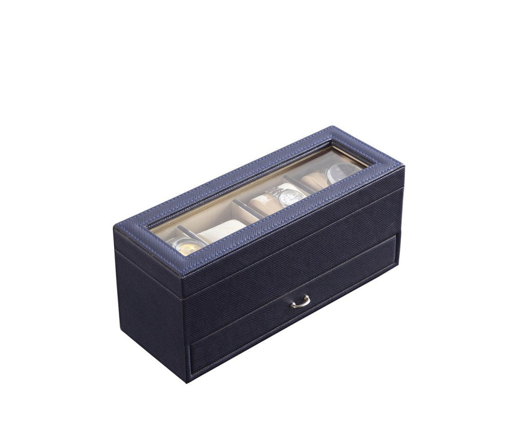 Tempered Glass and Leather Jewelry / Watch Display with Drawers, Blue