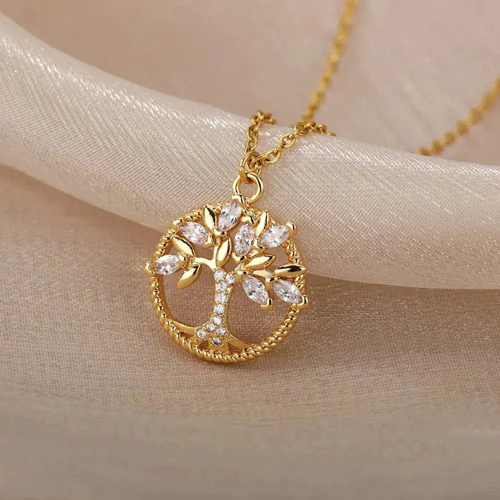 Golden Tree of Life Necklace with Zirconia