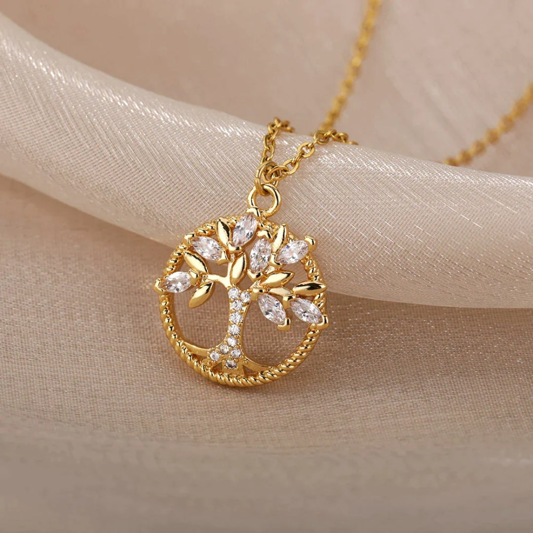 Necklace with Tree of Life Pendant in Gold with Crystals