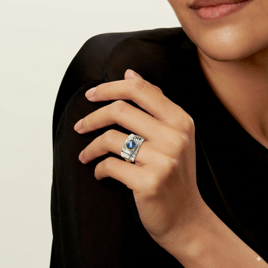 Vintage zilveren ring met blauwe kristal