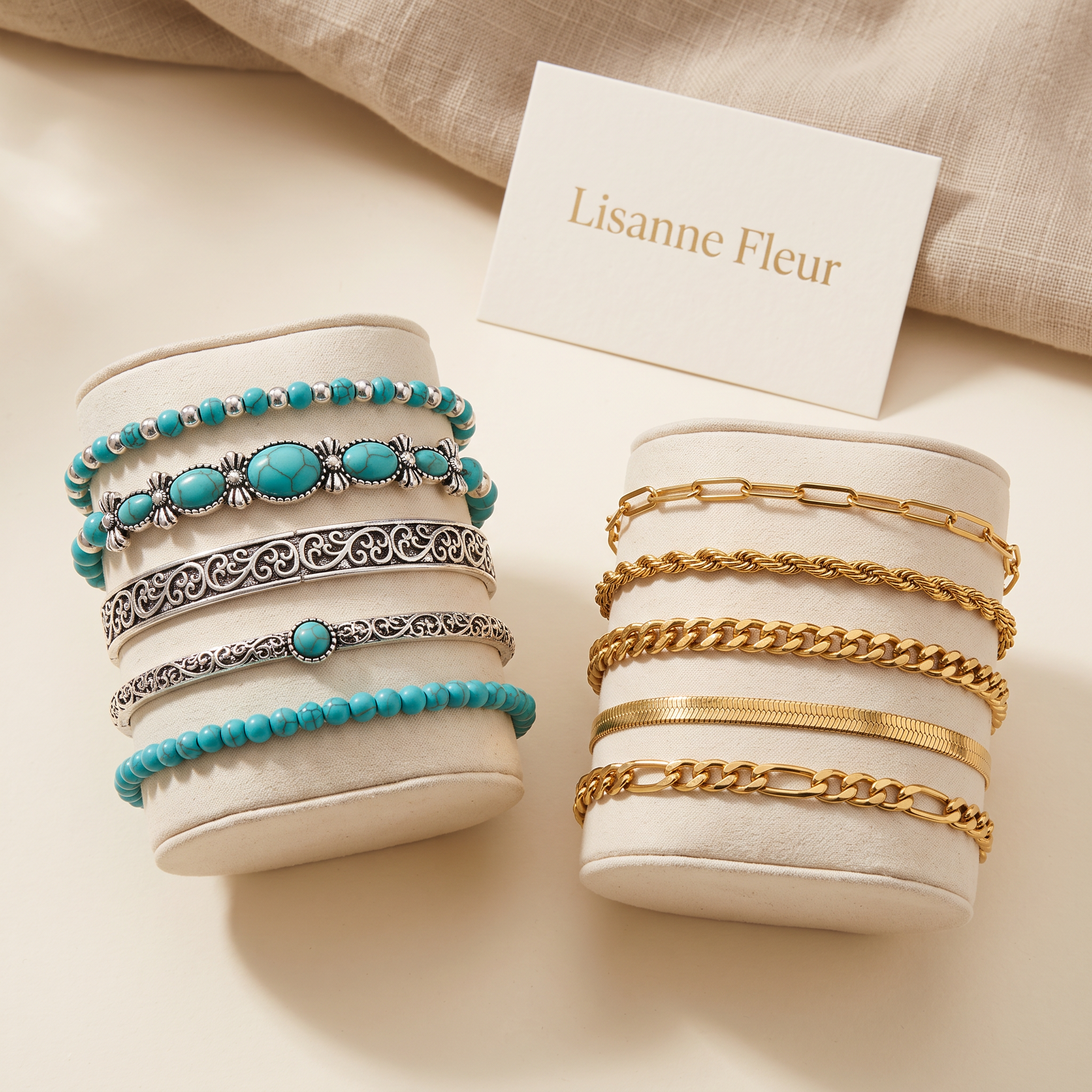 Bundle: Bracelet set with turquoise beads + Bracelet set 5 pieces in gold