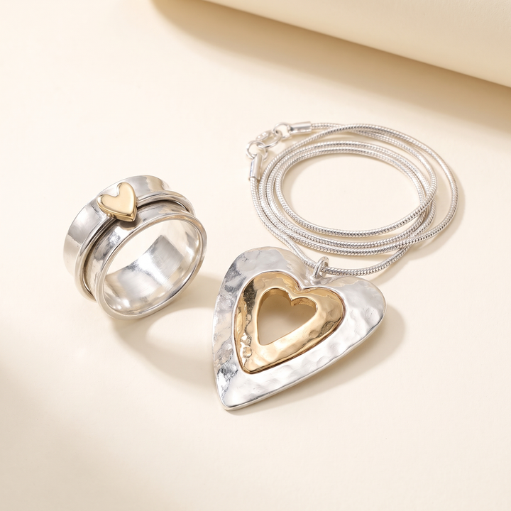 Bundle: Silver Ring with Gold Heart + Vintage Heart Necklace in Silver and Gold