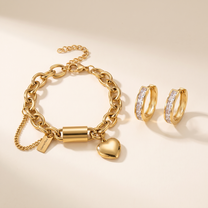 Bundle: Gold Heart Charm Bracelet + Chic Gold and Crystal Hoop Earrings