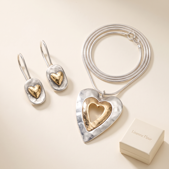 Bundle: Heart-Shaped Earrings in Silver and Gold + Vintage Heart Necklace in Silver and Gold