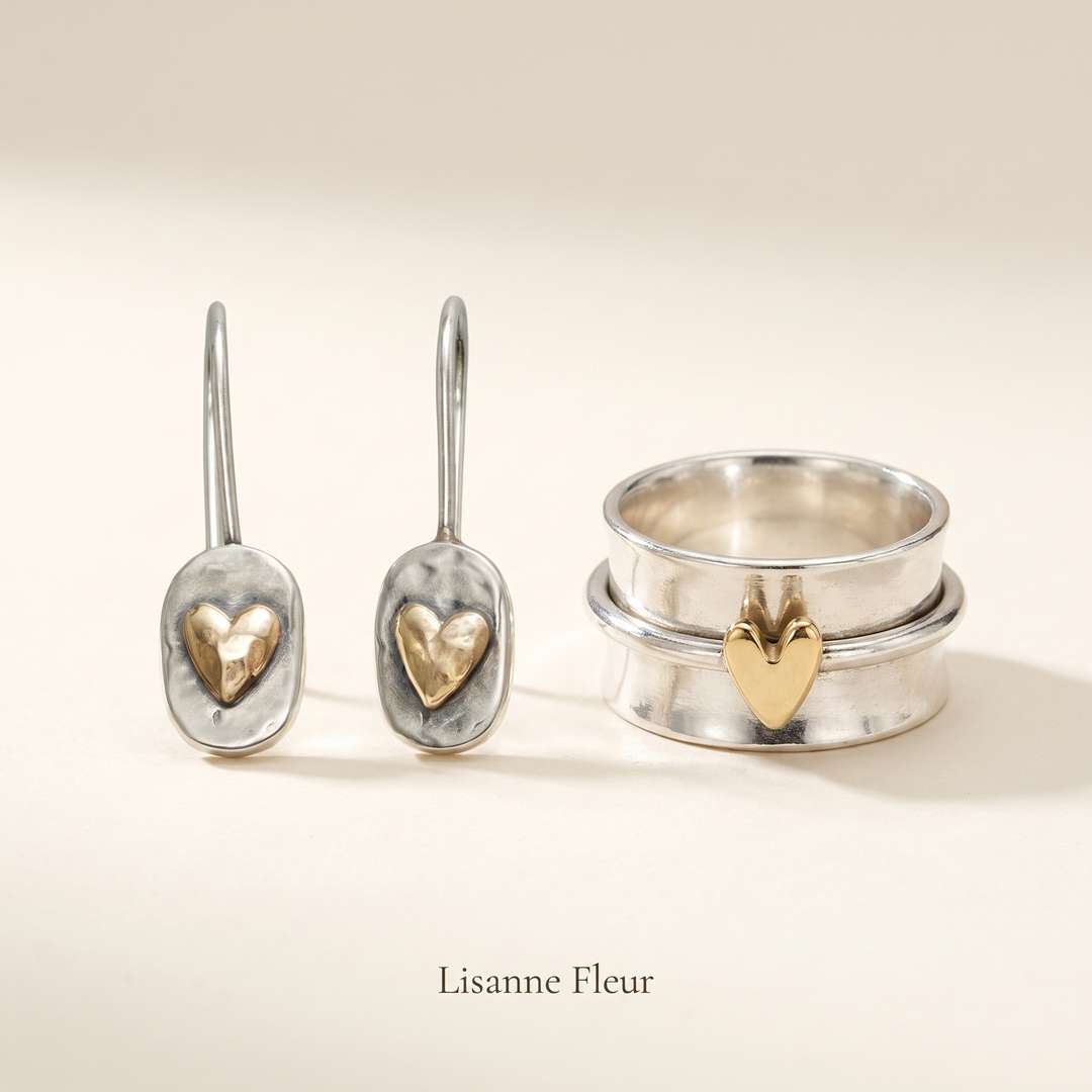 Bundle: Heart-Shaped Earrings in Silver and Gold + Silver Ring with Gold Heart