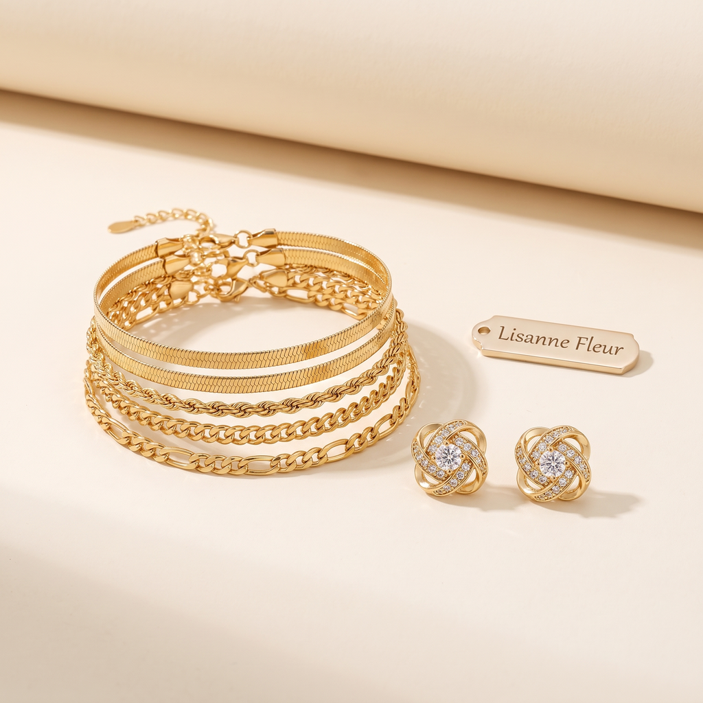 Bundel: Armbandenset 5 stukken in goud + Gouden spiralen oorbellen met kristallen