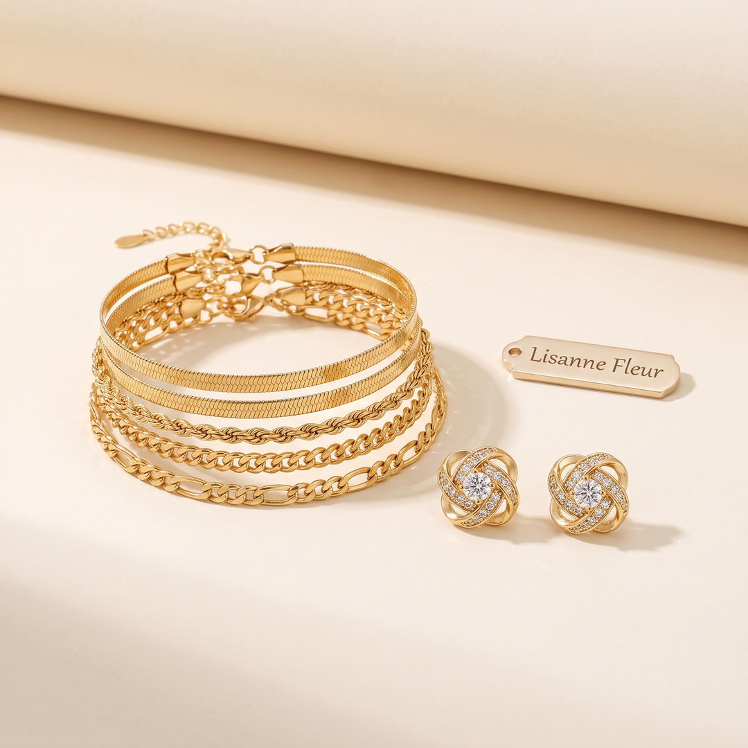 Bundle: 5-Piece Gold Bracelet Set + Gold Spiral Earrings with Crystals