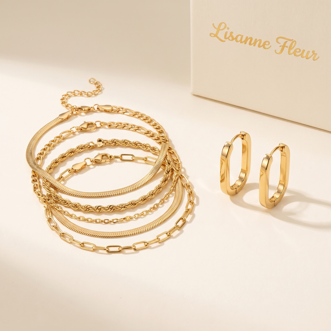 Bundle: 5-Piece Gold Bracelet Set + Elegant Geometric Earrings