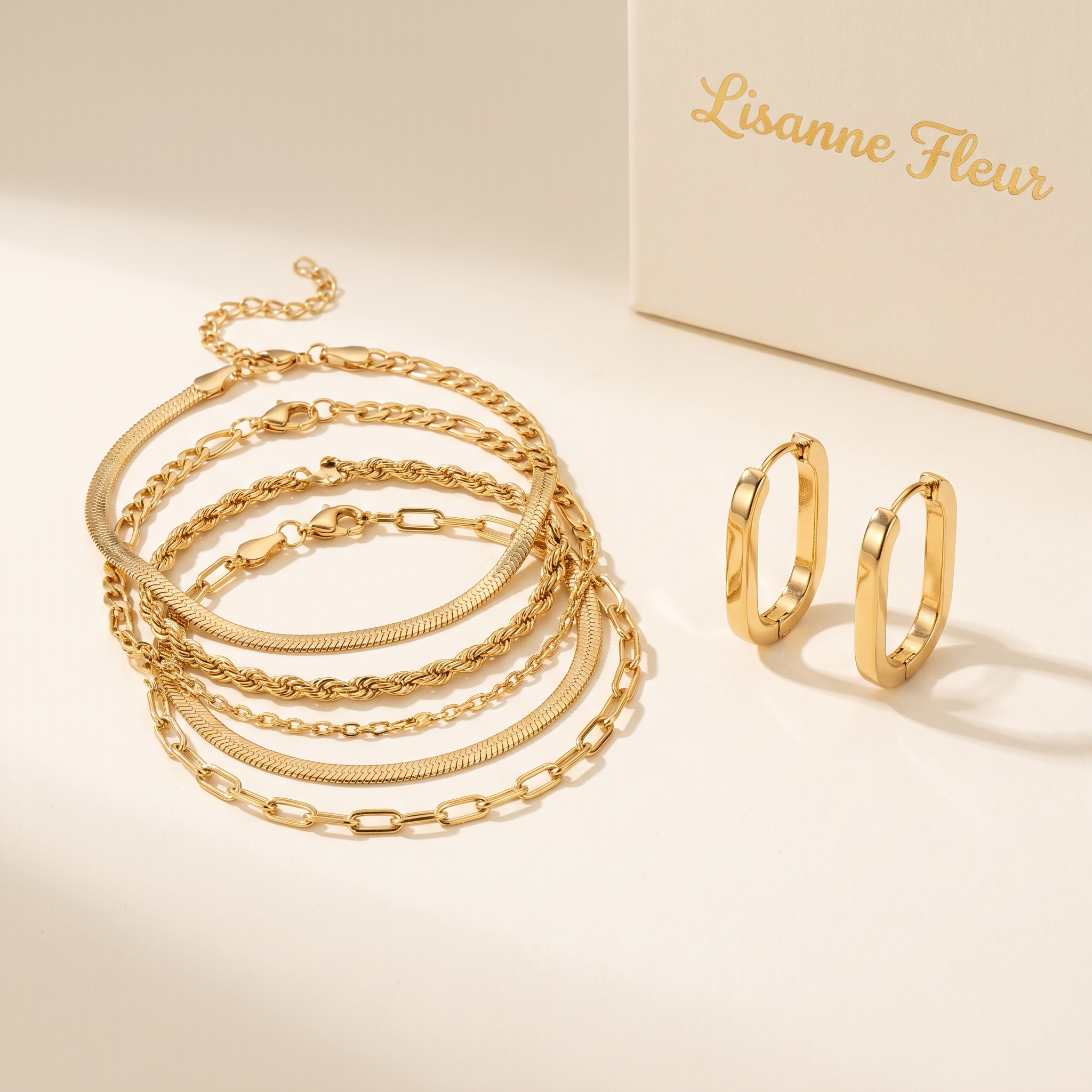 Bundle: Bracelet Set 5 Pieces in Gold + Elegant Geometric Earrings
