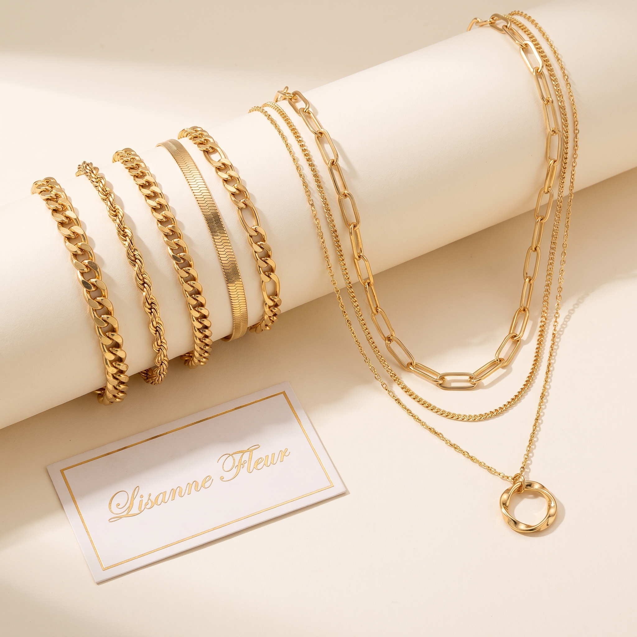 Bundle: Bracelet set 5 pieces in gold + Classic layered gold necklace with pendant