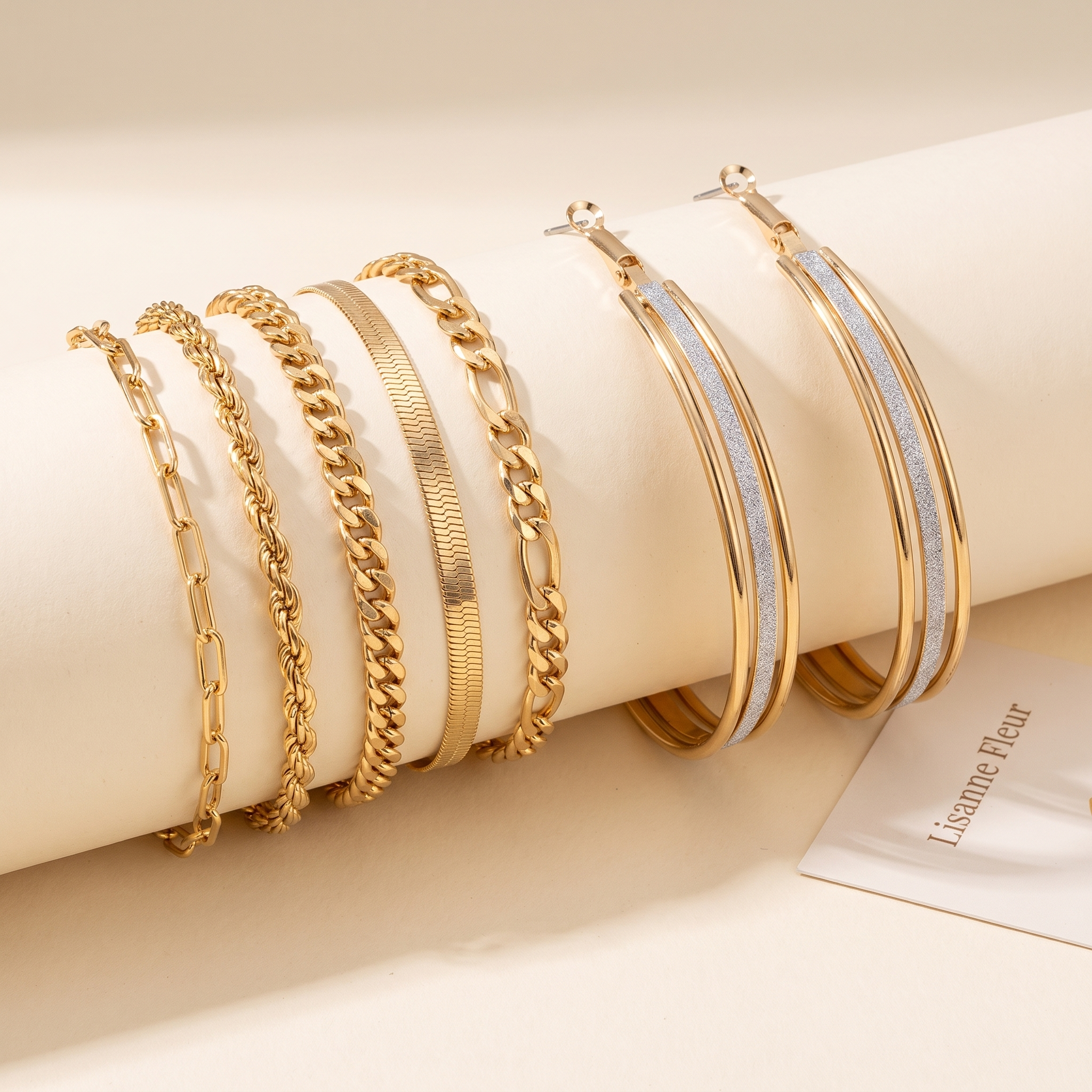 Bundle: Bracelet set 5 pieces in gold + Retro gold hoop earrings