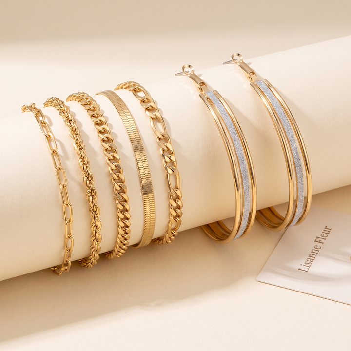 Bundle: 5-Piece Gold Bracelet Set + Retro Gold Hoop Earrings