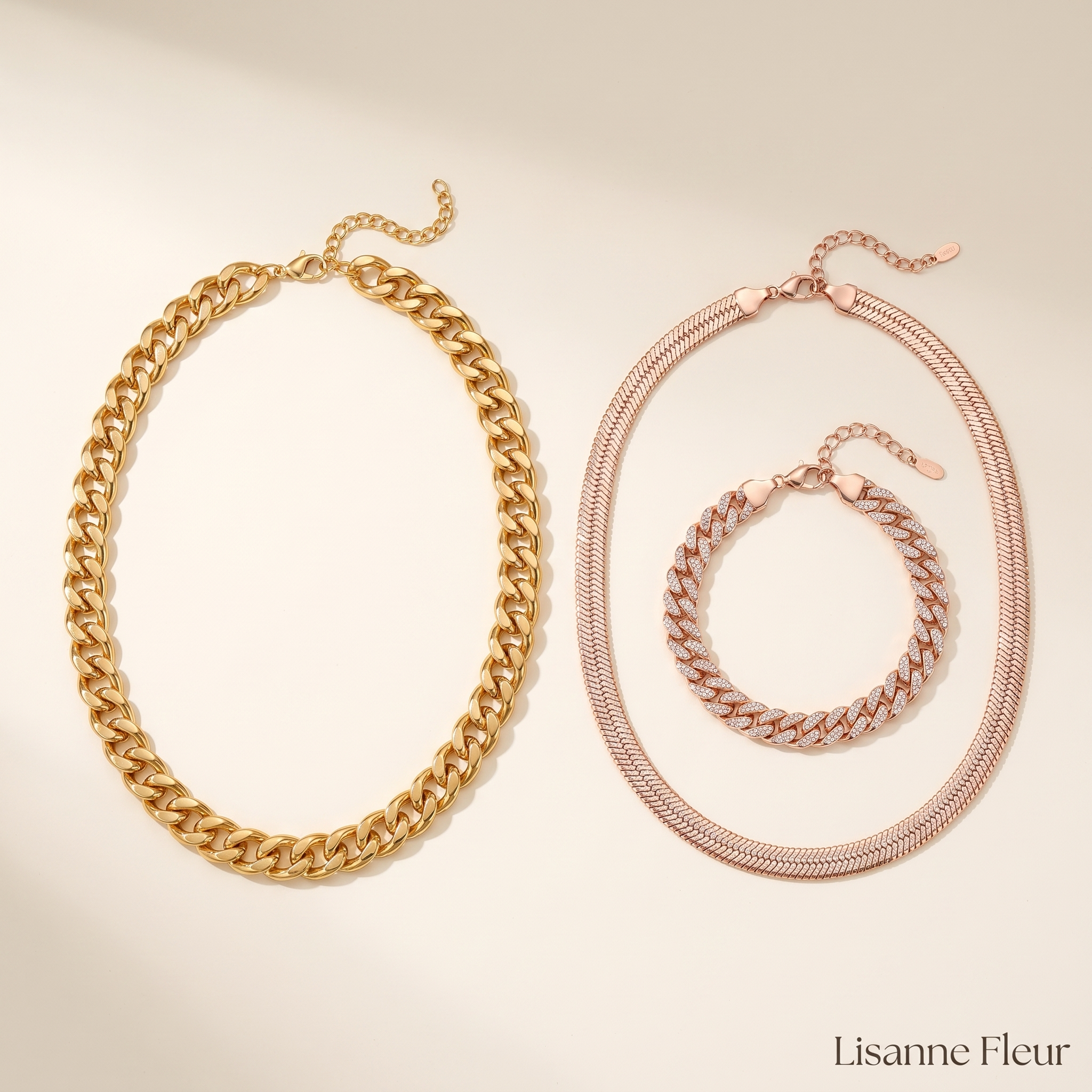 Bundel: Chunky collier met cubaanse schakels + Kristallen Visgraat Sieradenset