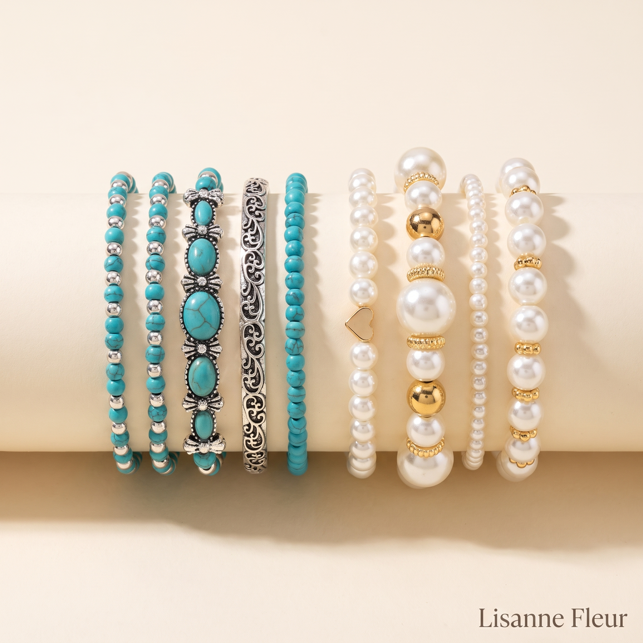 Bundel: Armbandenset met turquoise kralen + Set van Tijdloze Parelsarmbanden