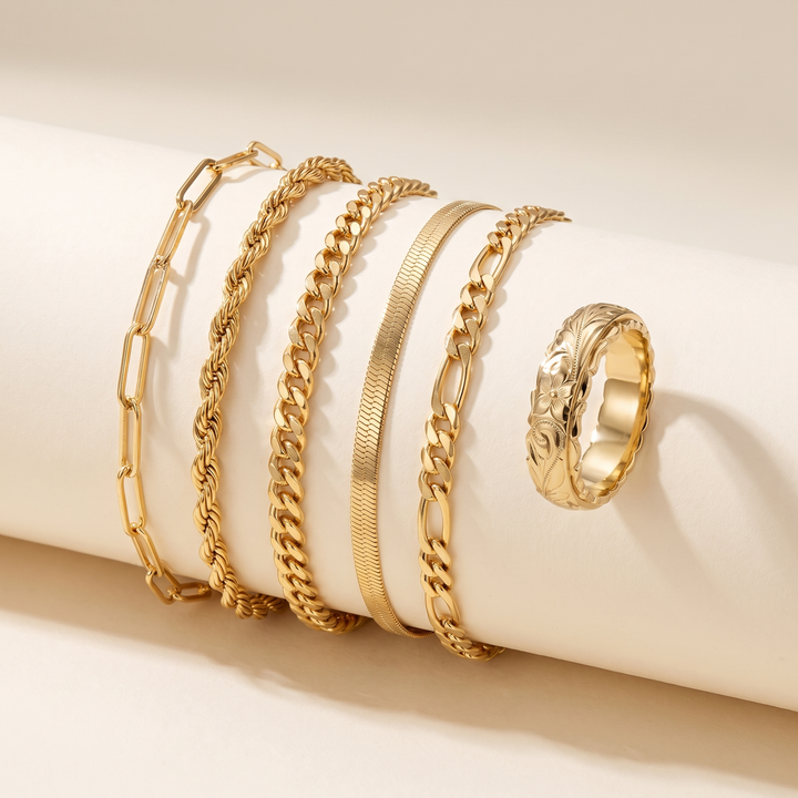Bundle: 5-Piece Gold Bracelet Set + Gold Ring “Vintage Bloom”