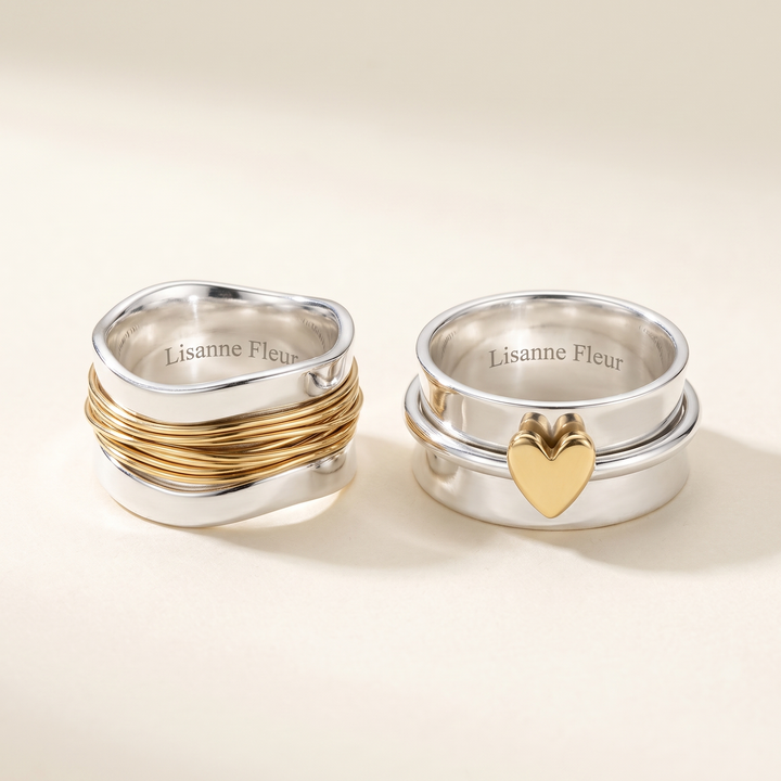 Bundle: Silver Ring with Gold Thread + Silver Ring with Gold Heart