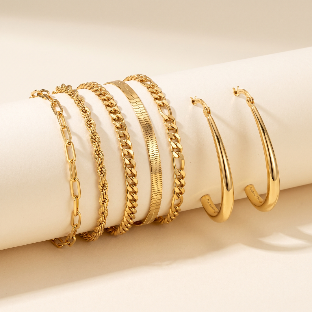 Bundle: 5-Piece Gold Bracelet Set + Exclusive Vintage Gold Earrings