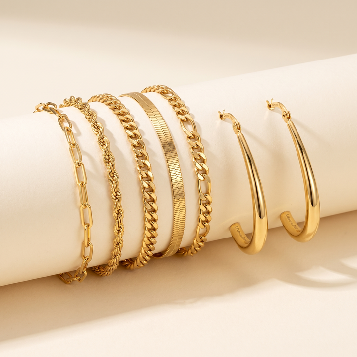 Bundle: 5-Piece Gold Bracelet Set + Exclusive Vintage Gold Earrings