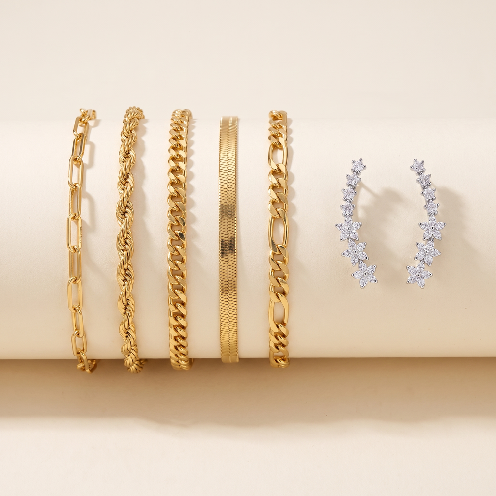 Bundel: Armbandenset 5 stukken in goud + Tijdloze bloemenoorbellen