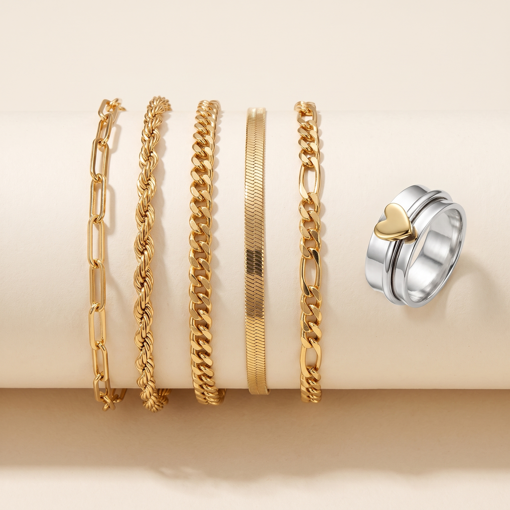 Bundel: Armbandenset 5 stukken in goud + Zilveren ring met gouden hart