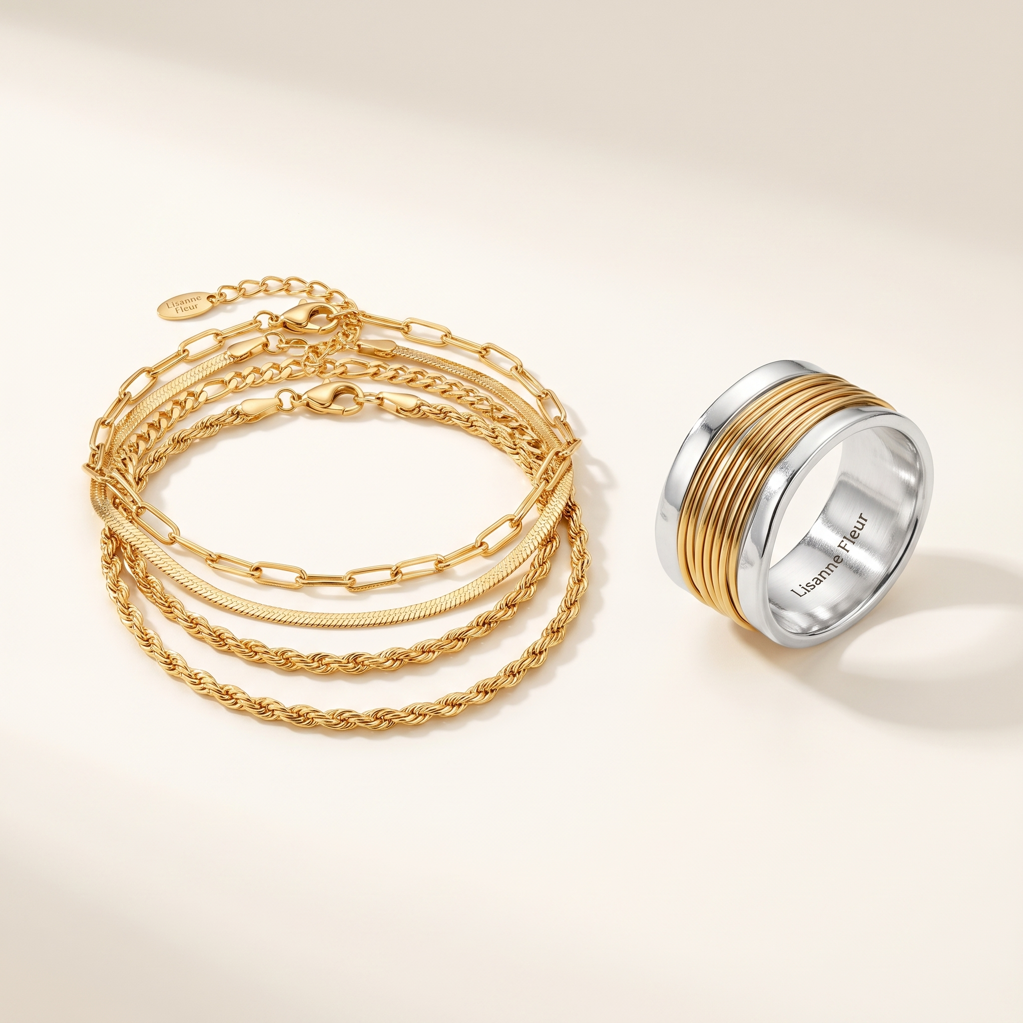 Bundle: Bracelet set 5 pieces in gold + Silver ring with gold wire